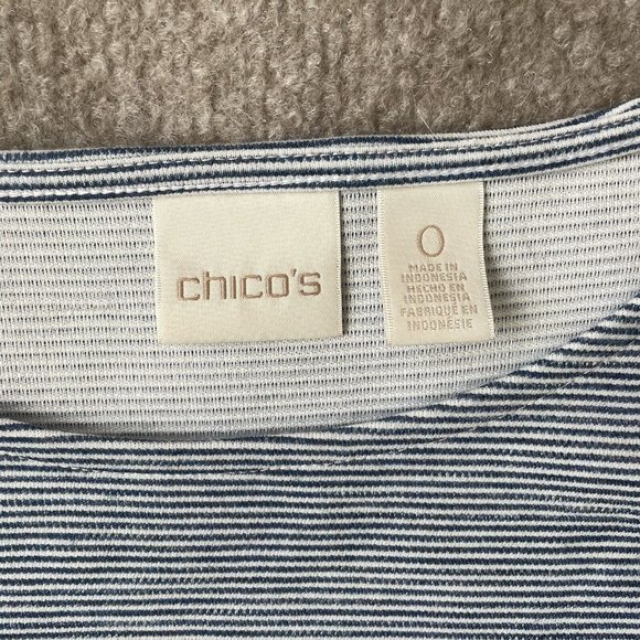 Chico's Shirt Womens 0 (Small) Blue White Striped Lace Bell Sleeves Hem Casual - Picture 3 of 8